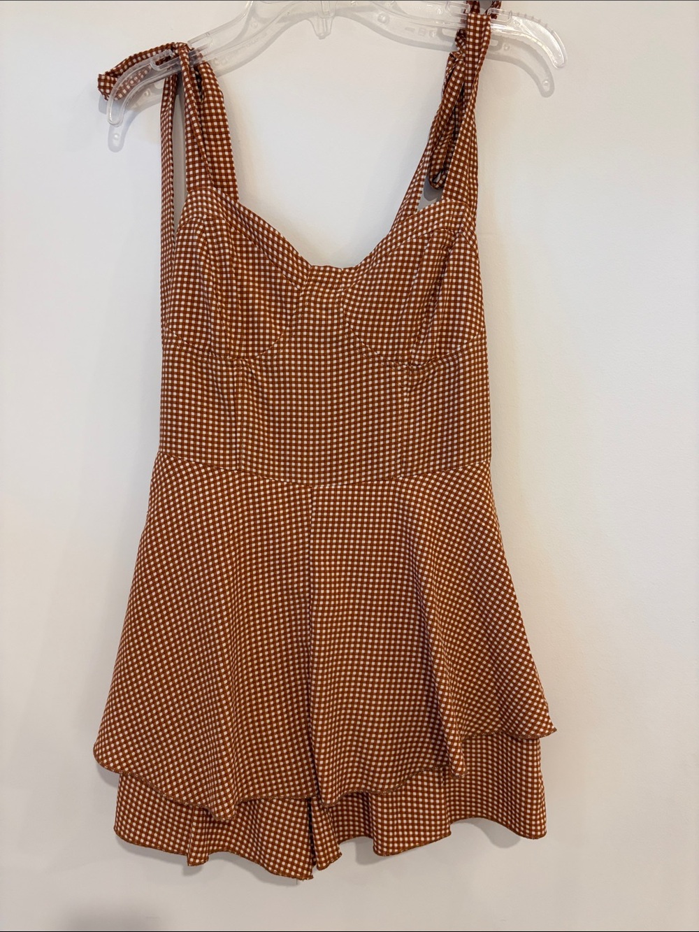 Allison & Kelly Brown Gingham Tie-Shoulder Romper